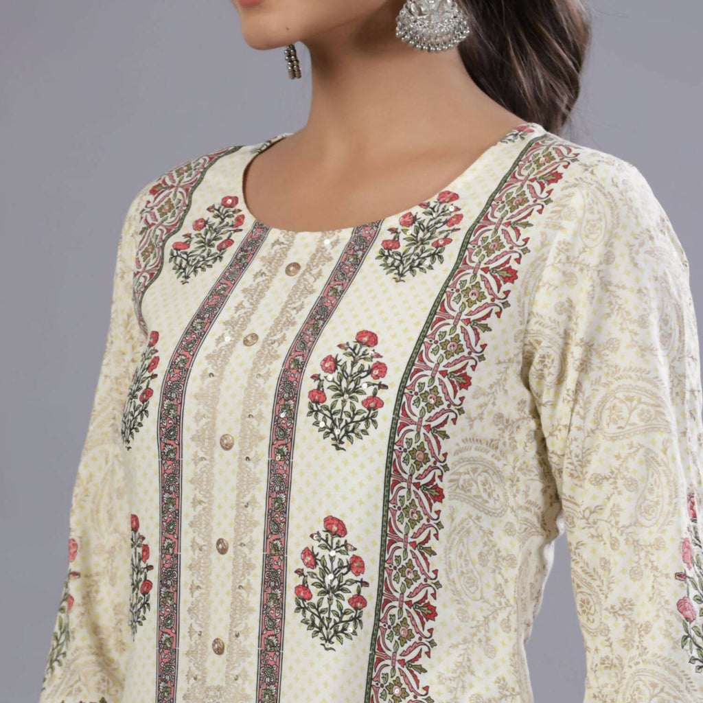 Juniper Women Yellow Rayon Printed Kurta, Pants and Dupatta Set