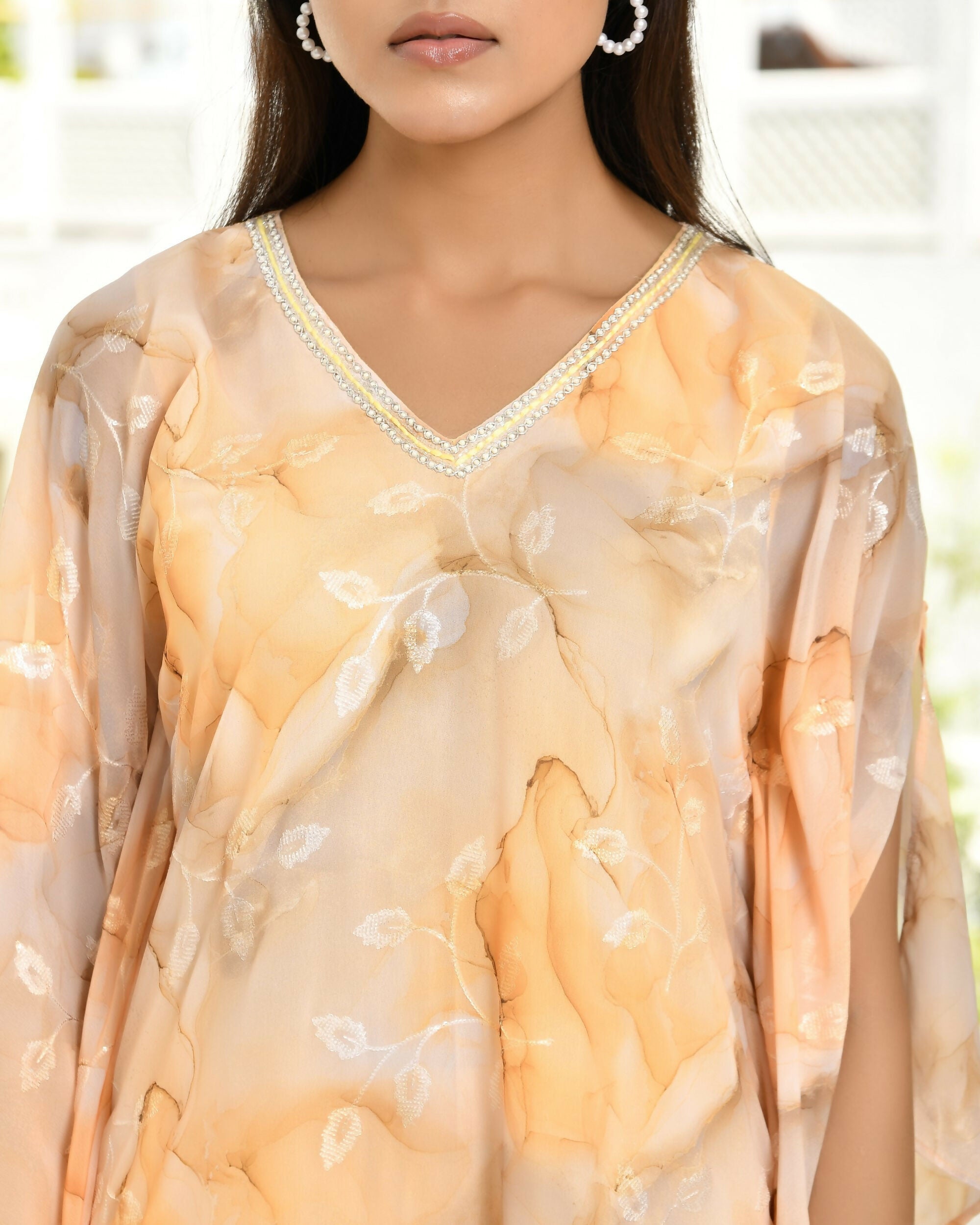 Vaasva Women's Lemon Georgette Marble Print Kaftan Pant Set
