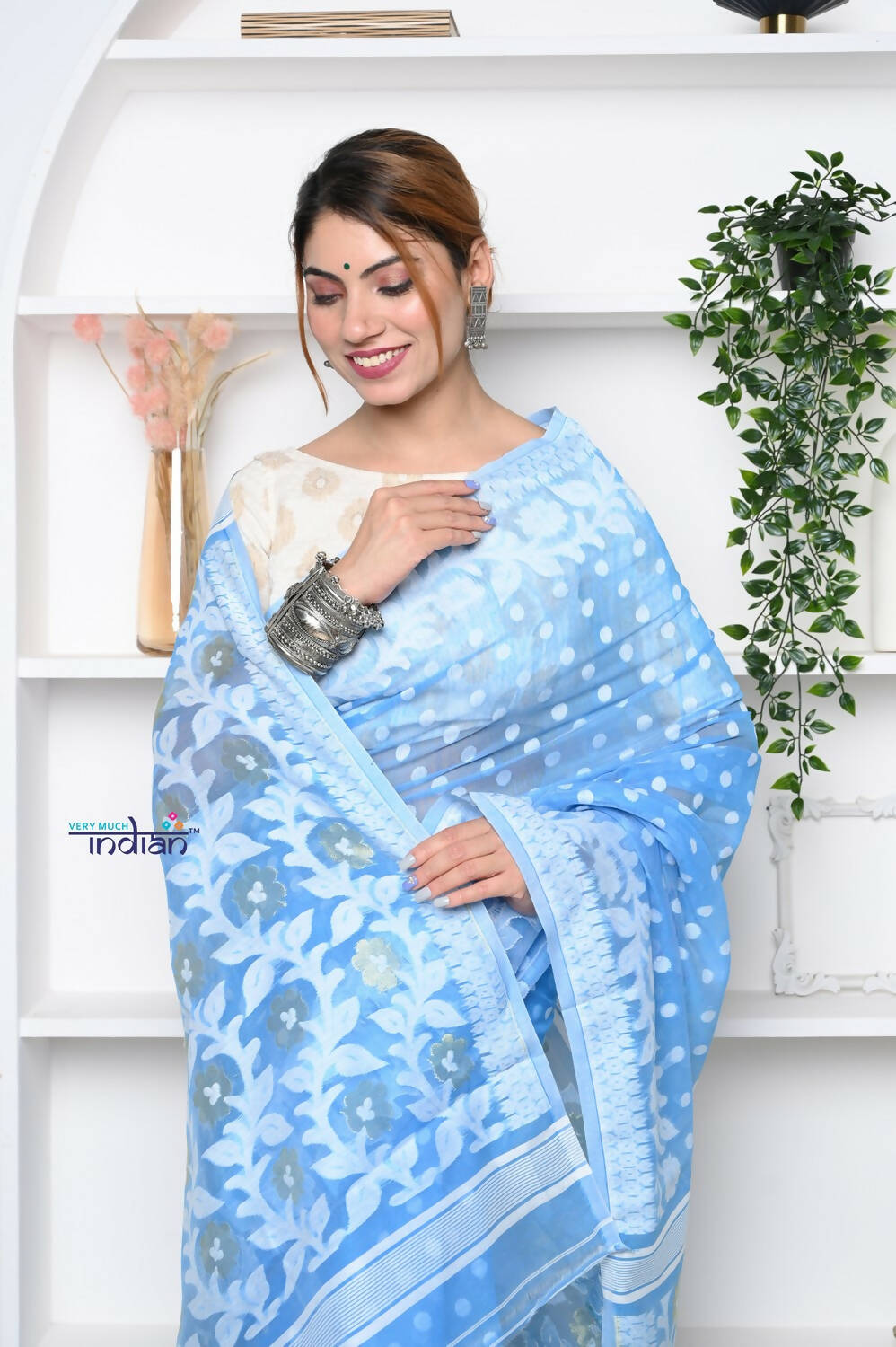 Very Much Indian Jamdhani Cotton Saree - Powder Blue