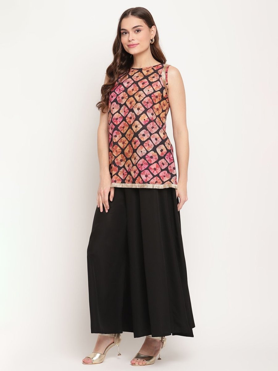 Ahalyaa Women's Black Crepe Digital Shibori Print Top Palazzo Set