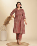 Aramya Red Soft Cotton Geometric Print Panelled Kurta Set for Women