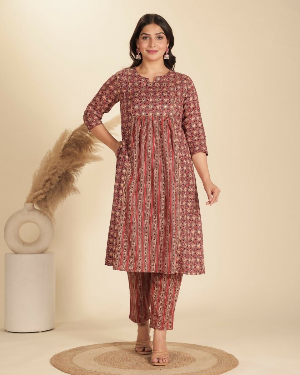 Aramya Red Soft Cotton Geometric Print Panelled Kurta Set for Women