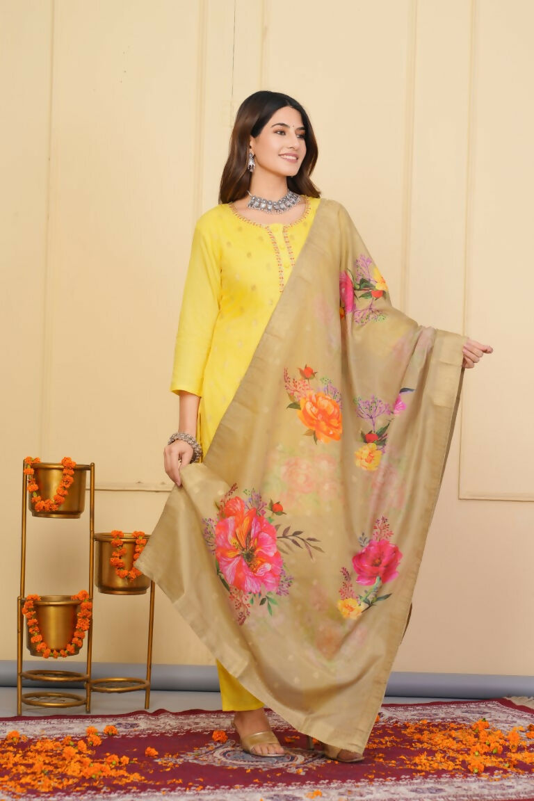 Yellow Viscose Organza Jacquard Embroidered Stitched Suit With Dupatta - Tanisha