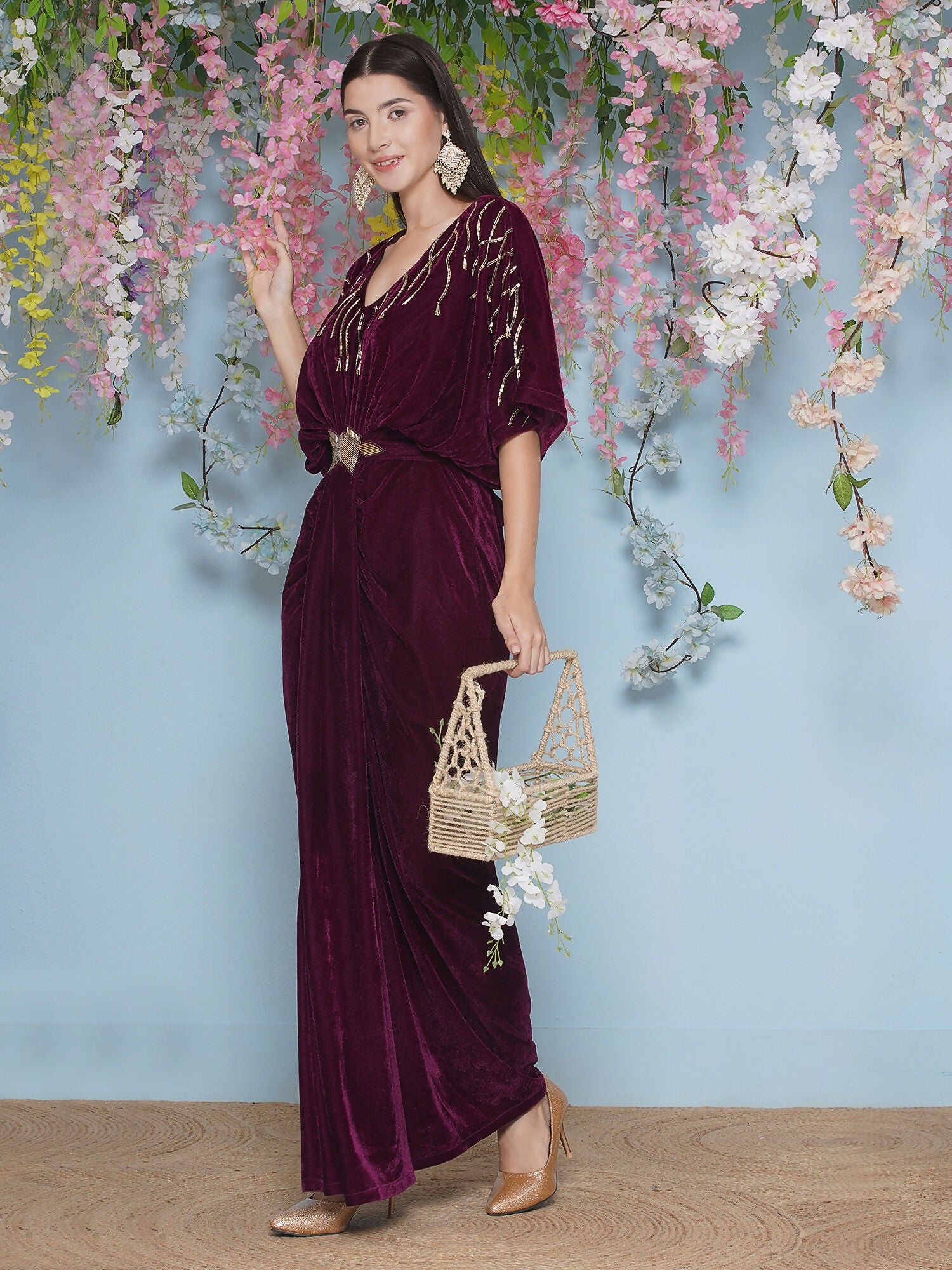 Joban Fashion Wine Hand Embellished Velvet Gown With Belt