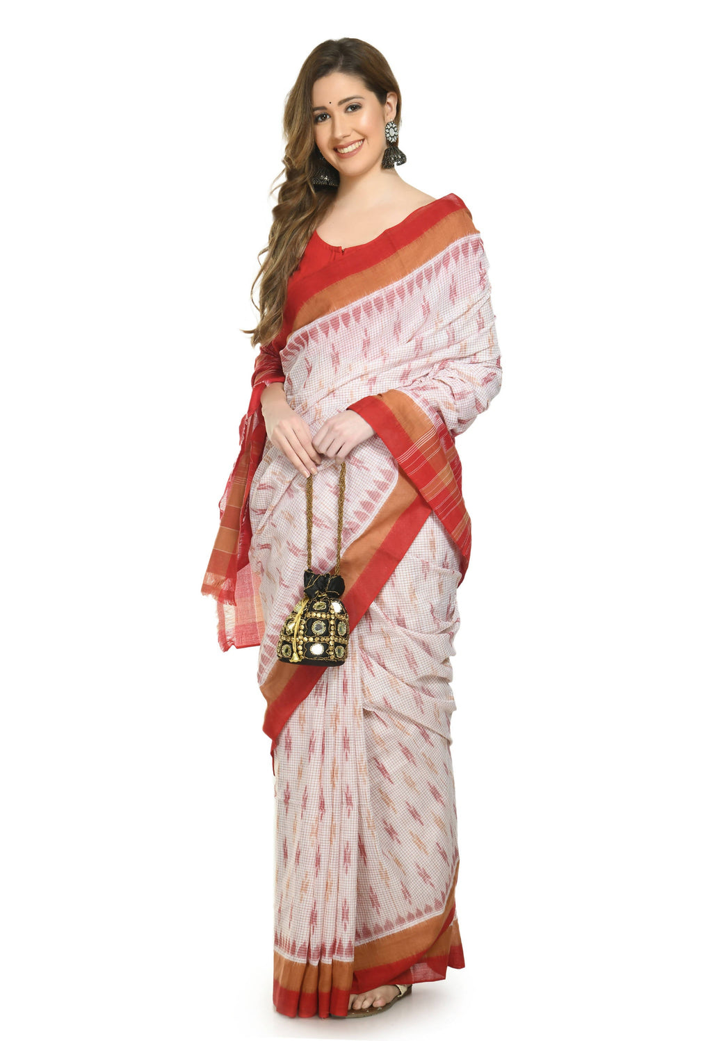 Vamika Sambalpuri Ikat Cotton Dehabandha Badafula White & Light Red Saree