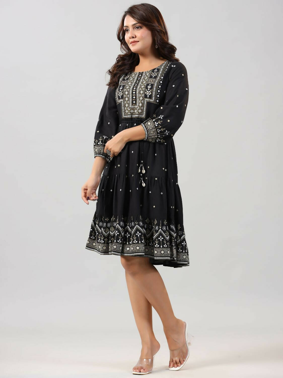 Juniper Women Black Rayon Printed Short Tiered Dress