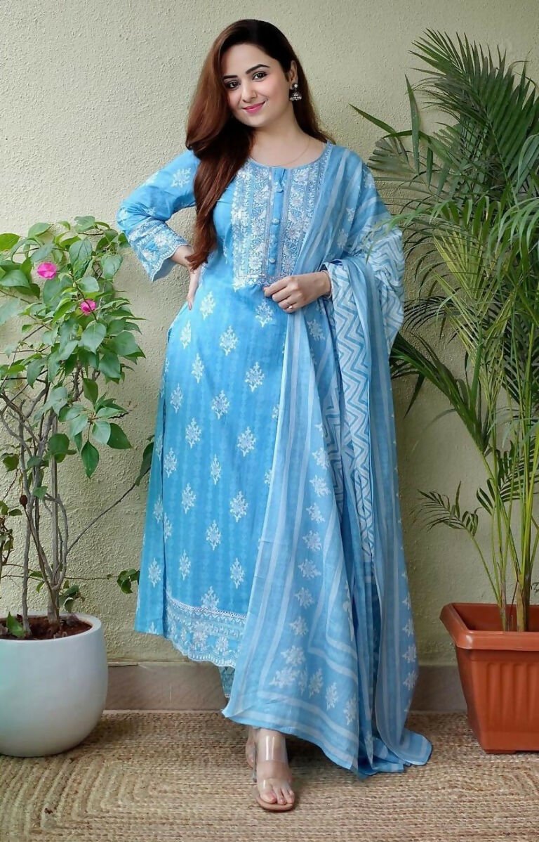 Alvano Women's Printed Straight 3Pcs Kurti with Pant and Dupatta set Cotton (Light Blue)