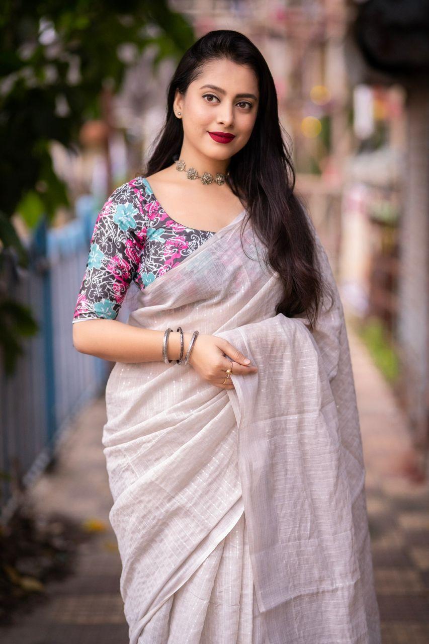 Grey Linen Sequence Saree with Unstitched Blouse - Hiral Fashion