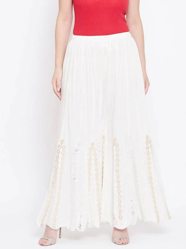 Mominos Fashion White Mirror Flower Work Palazzo