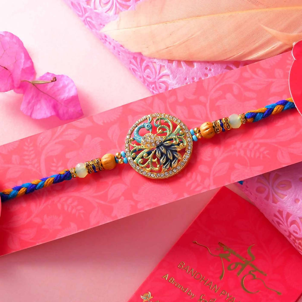 Peacock Rakhi & Chocolate Gems Cookies Combo