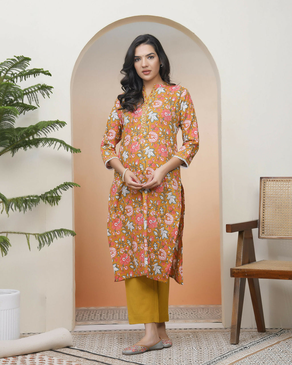Vaasva Women Mustard Cotton Printed Straight Kurti With Pant