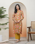 Vaasva Women Mustard Cotton Printed Straight Kurti With Pant