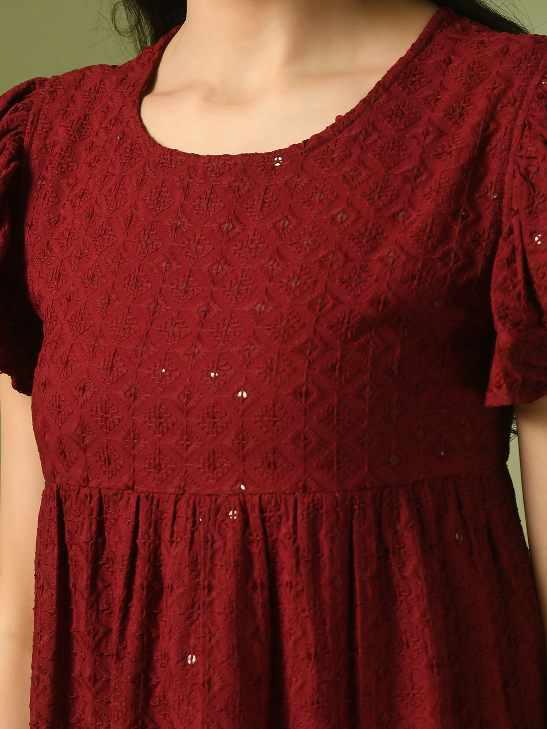 Myshka Women's Maroon Embroidered Cotton Round Neck A-Line Party Dress