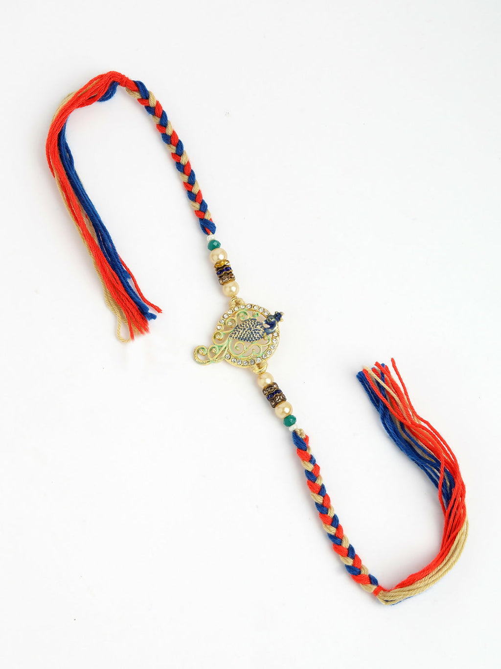 NVR Men Gold-Toned Peacock Design Stone-Studdded Rakhi With Roli Chawal