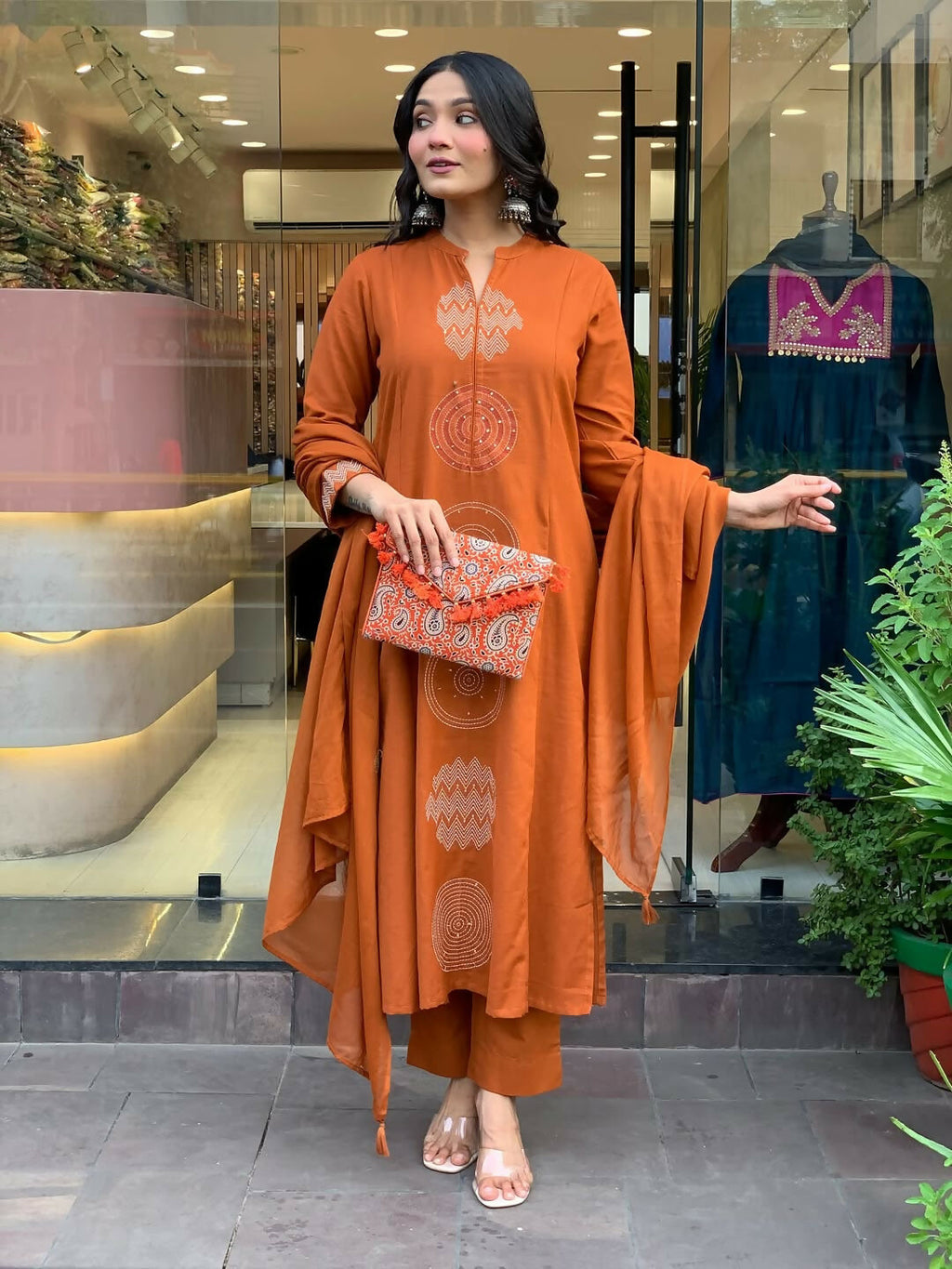 The52 Orange Women's Gorgeous Chanderi Fabric Embroidered Work Straight Kurta Pant and Dupatta Set