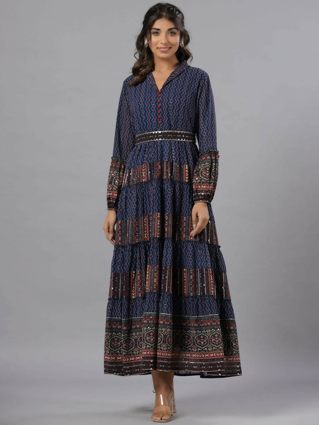 Juniper Women Navy Blue Georgette Printed Tiered Maxi Dress