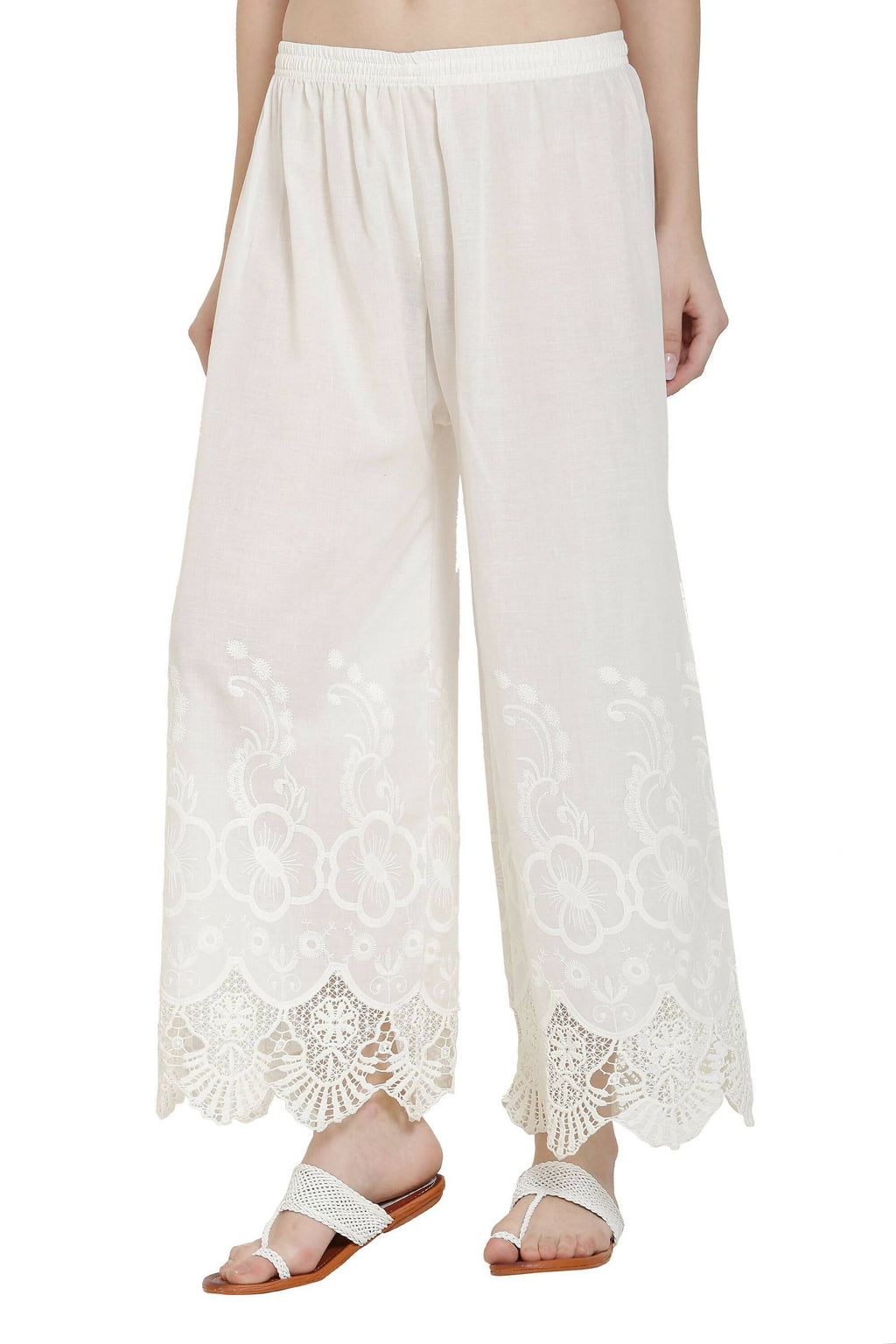 PAVONINE White Color Chikankari Lace Scalloped Hem Cotton Fabric Sharara