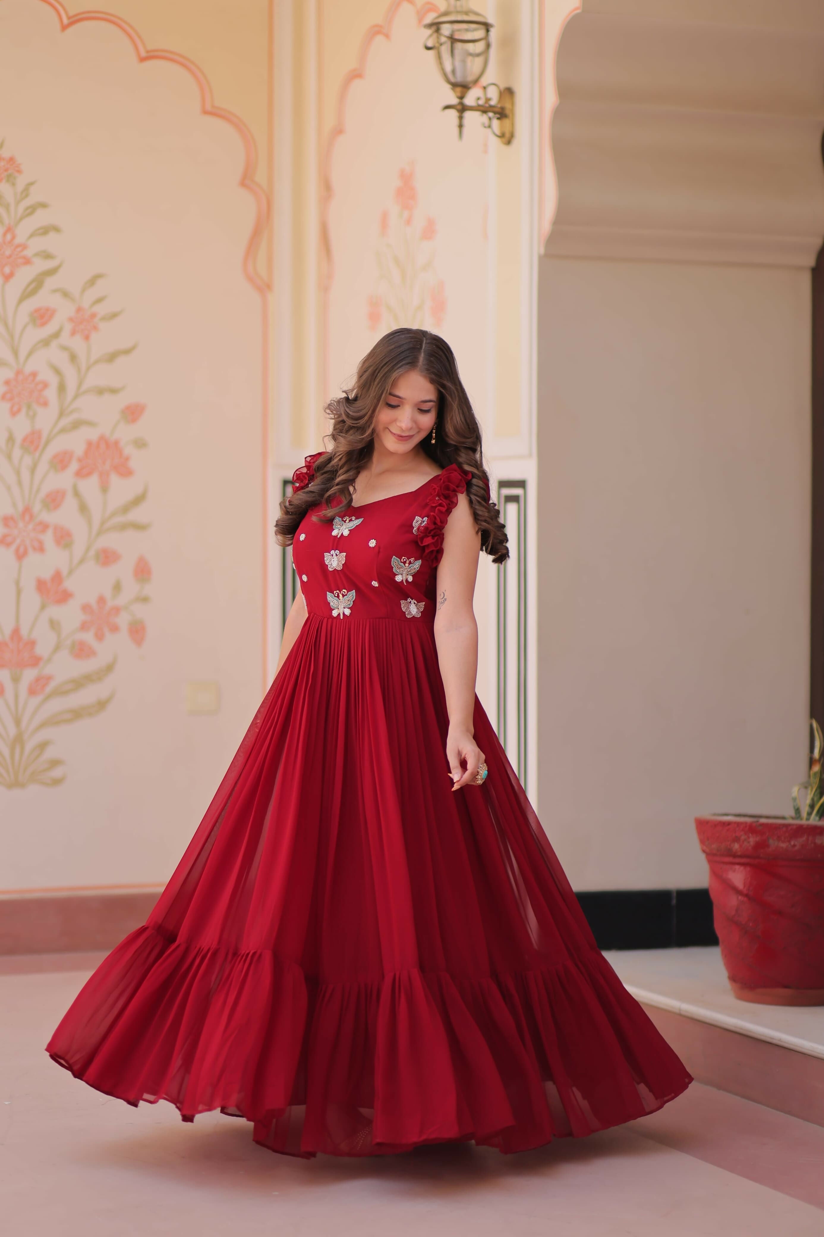 Vastranavya Maroon Faux Blooming With Sequins Multithreaded Beads Embroidered work Gown
