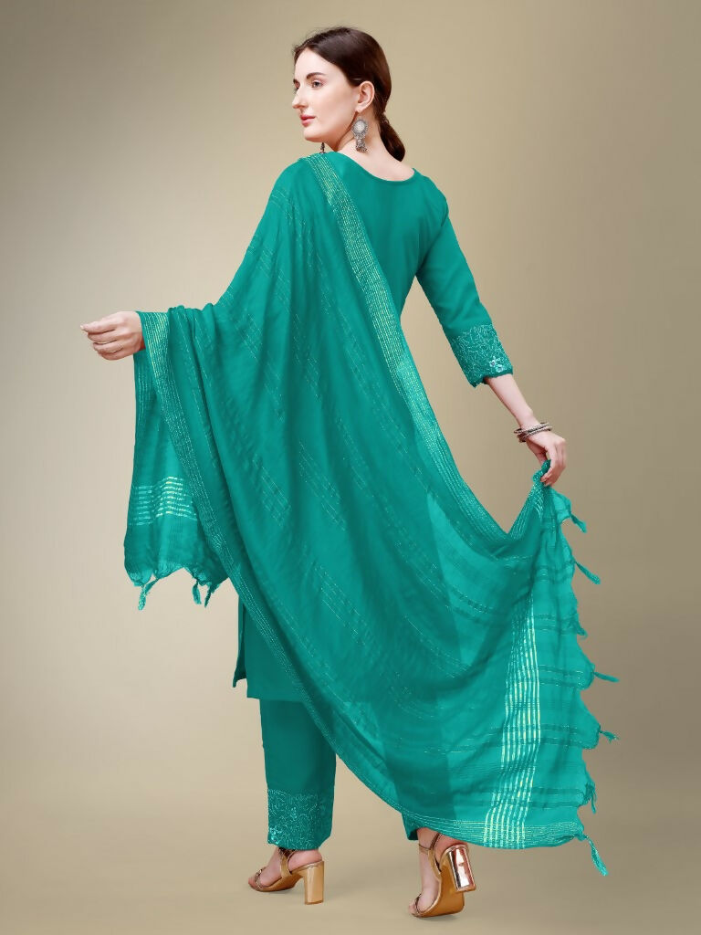 Jyoti Fashion Women's Rama Cotton Blend Embroidery & Fancy Lace work Kurta with Trouser & Dupatta