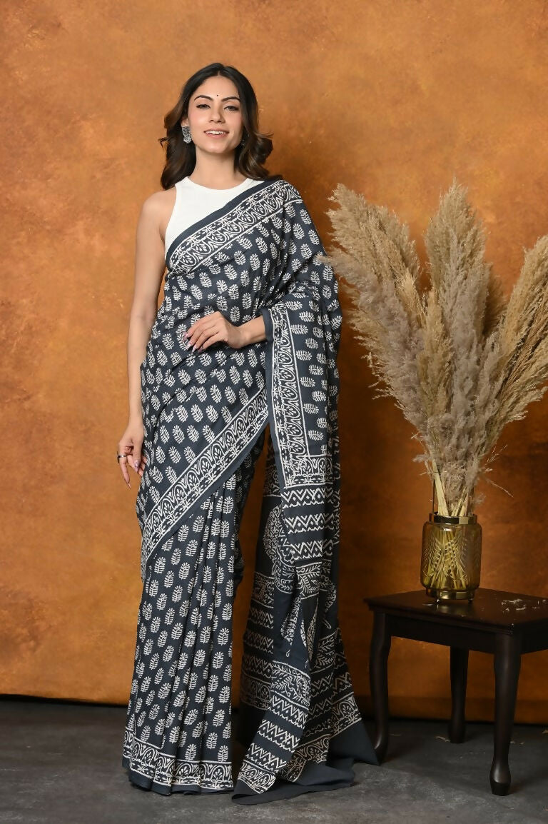 Very Much Indian Handblock Printed Cotton Saree With Natural Dyes - Black White