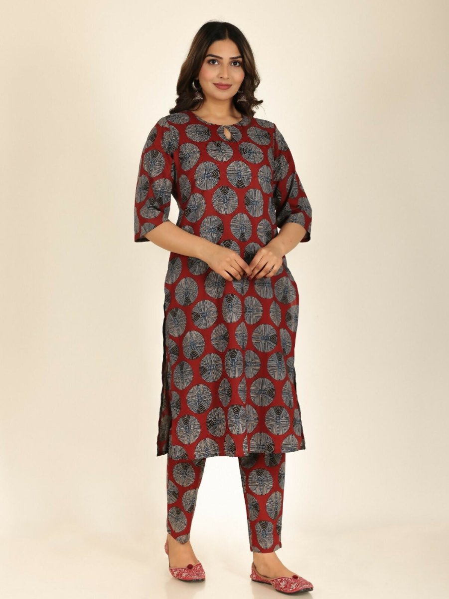 Aramya Red Soft Cotton Abstract Print Straight Kurta Palazzo Set for Women