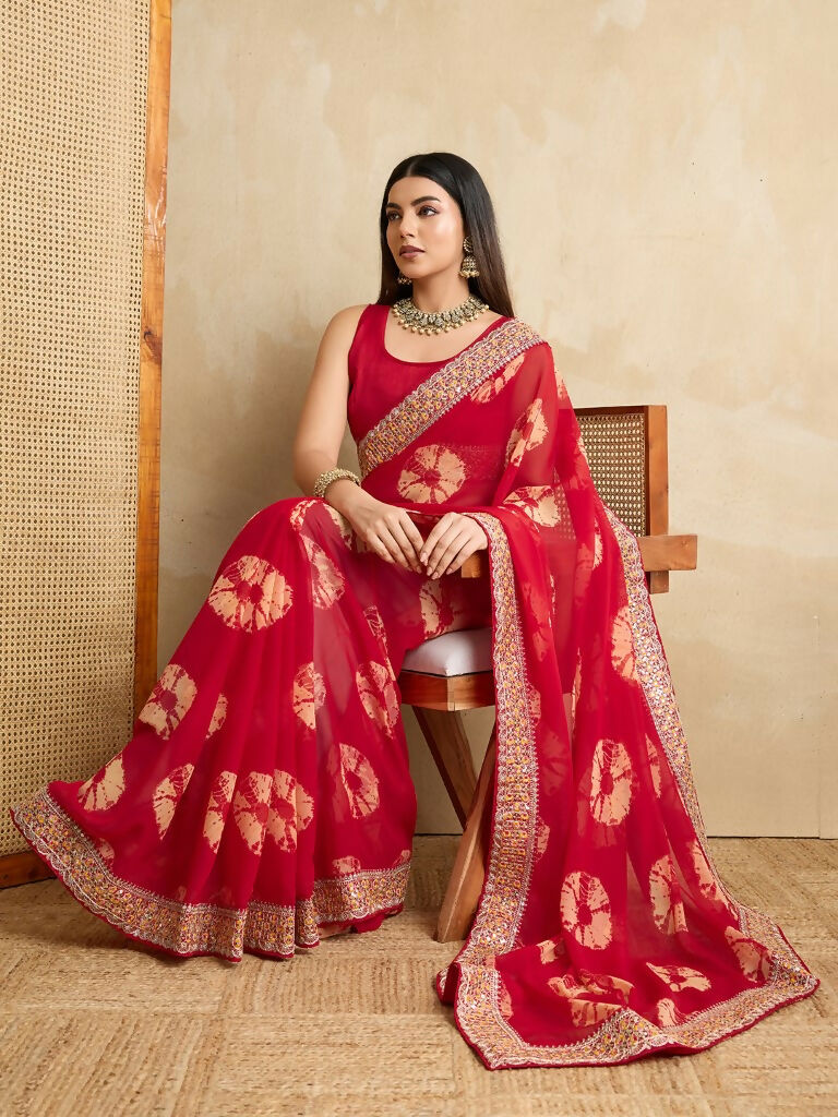Red Georgette Printed Designer, Embroidery Work Lace Border Saree - Aarvi