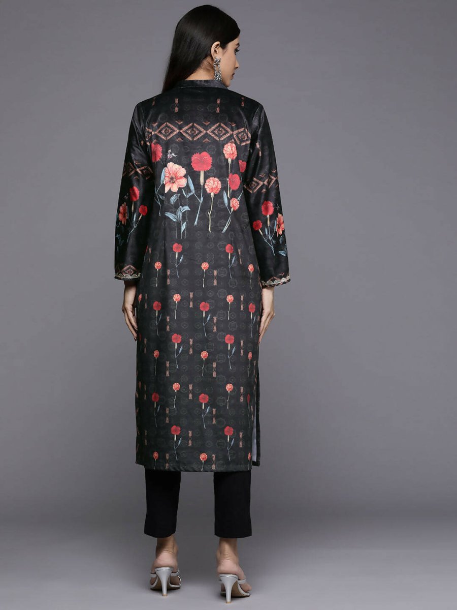 Ahalyaa Women Black & Red Floral Printed Gotta Patti Floral Velvet Kurta
