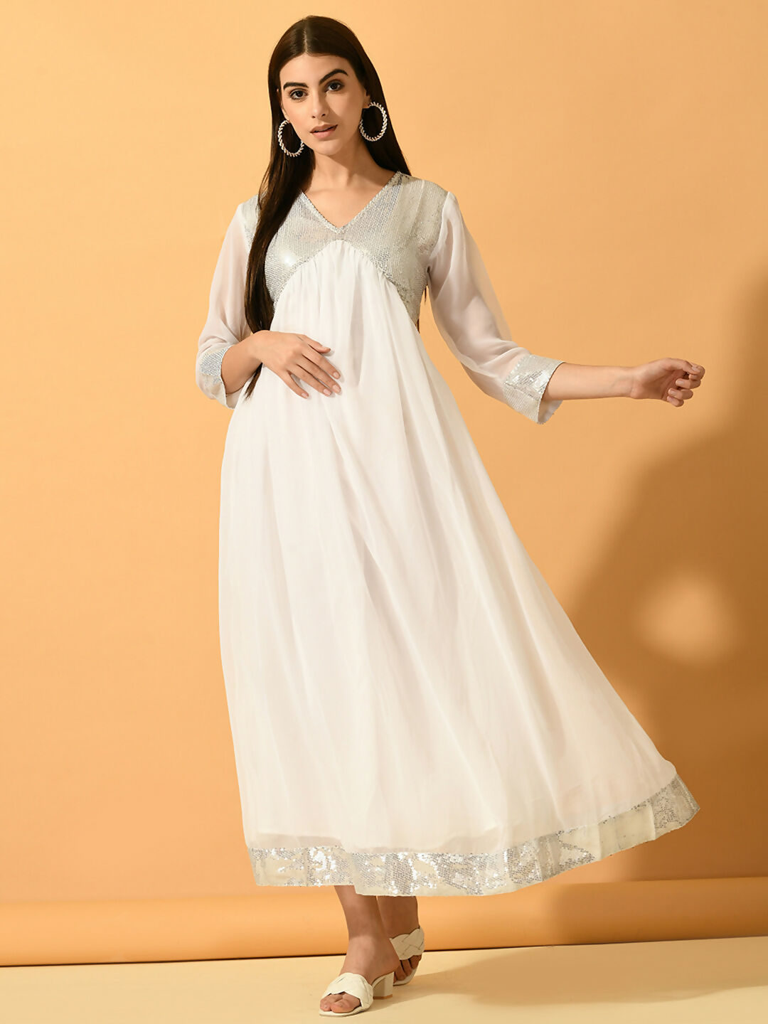 Myshka Women's White Fit and Flare Party Dress