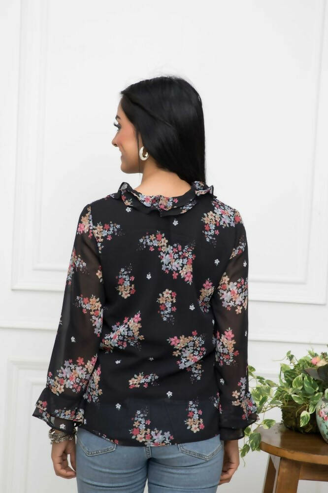 Myshka Women Black Floral V-Neck Regular Sleeves Synthetic Georgette Top