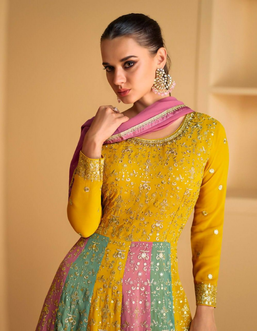Lorenvalley Fashion Yellow Faux Georgette Embroidery with Sequince Work Gown Stitched