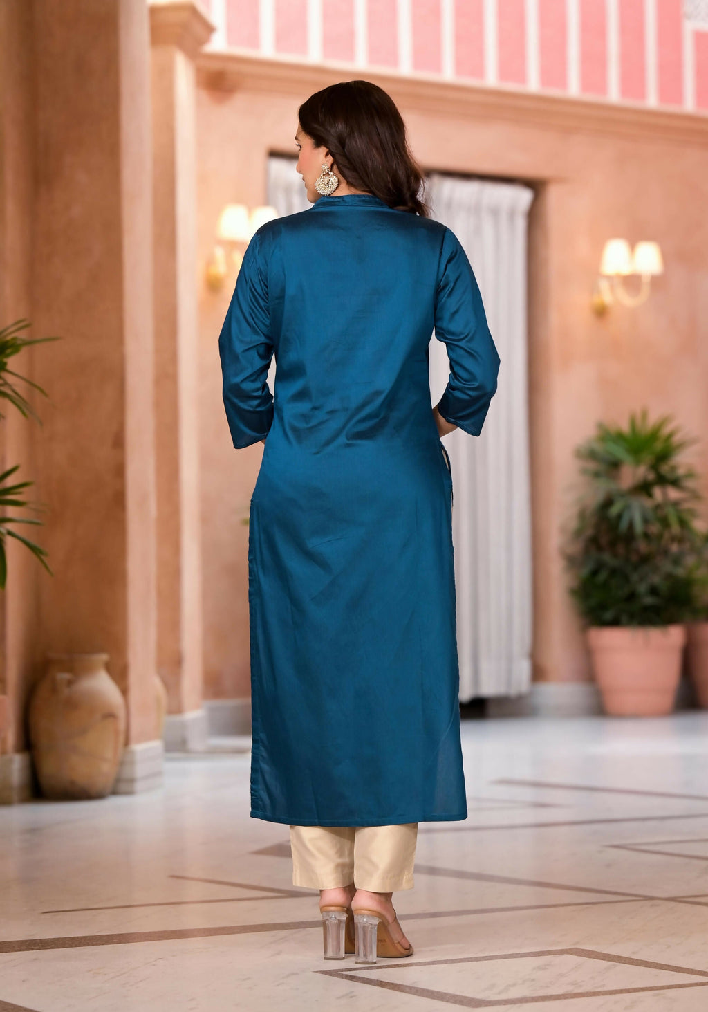 Juniper Women's Teal Ethnic Motif Printed Cotton Kurta & Pant Set