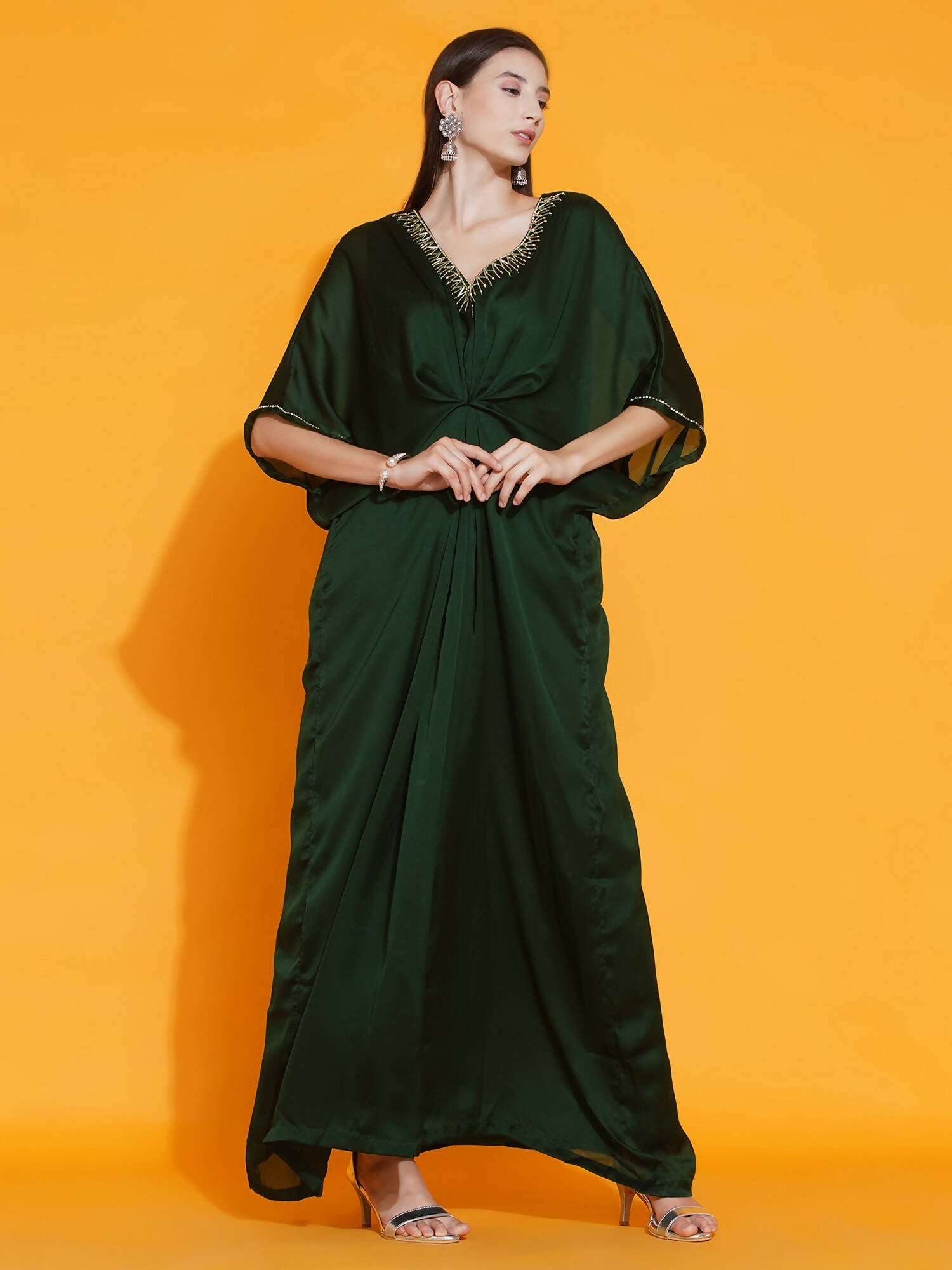 Women Republic Green Georgette Hand Embellished Kaftan Style Gown