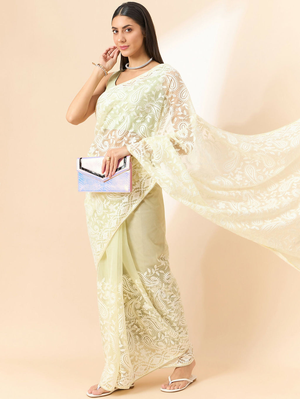 Yellow Organza Paisely Embroidered Saree with Unstitched Blouse Piece - Roozal