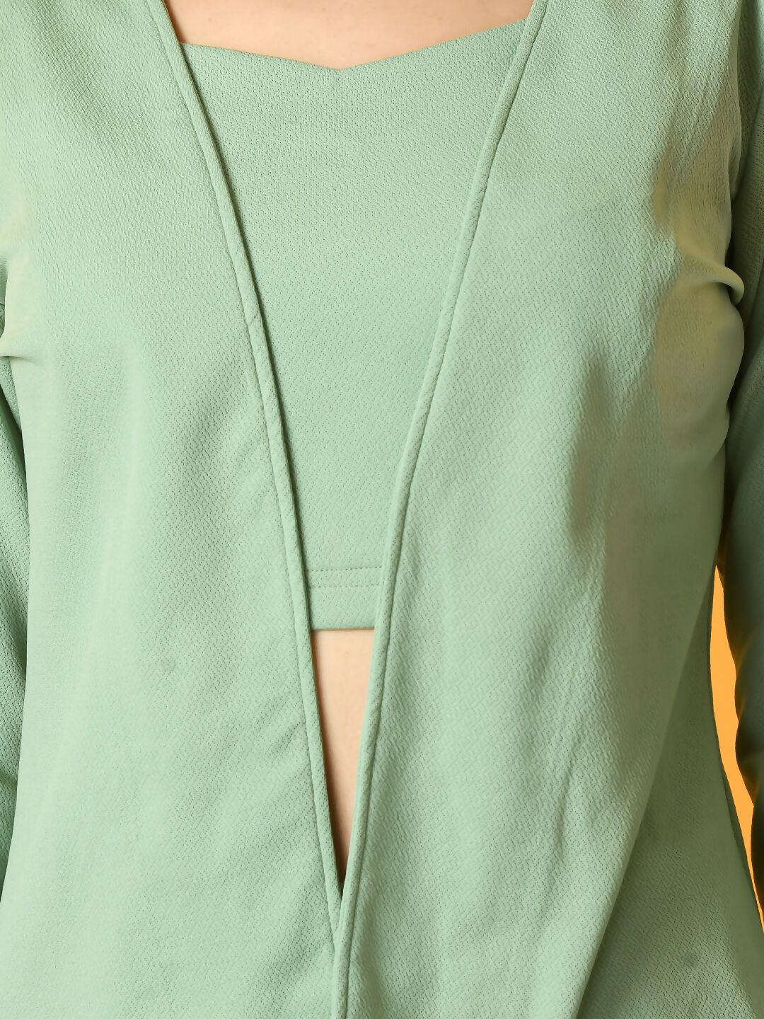 Myshka Women's Green Solid Coat With Trousers