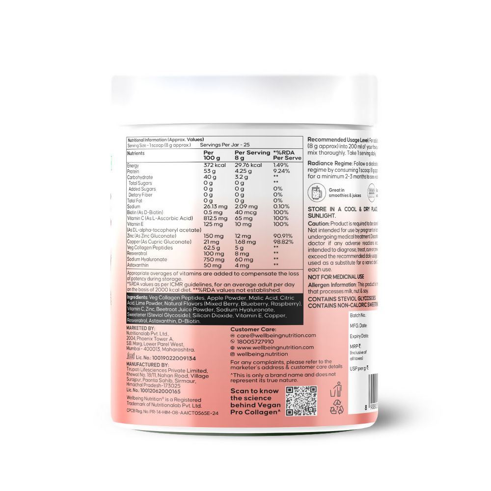 Wellbeing Nutrition Vegan Pro Collagen Hyaluronic Acid Skin & Hair Mixed Berries Flavour