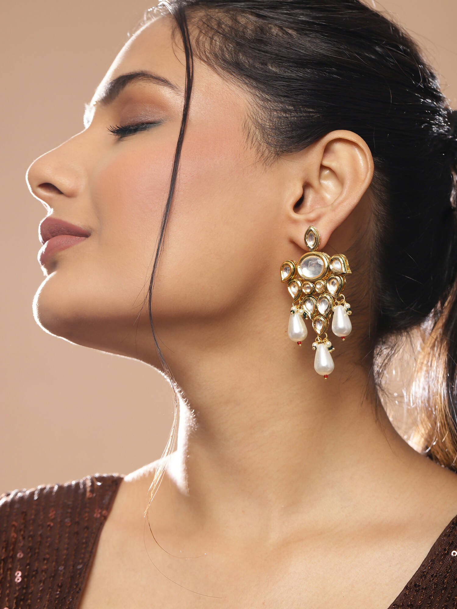 Gold-Toned White Contemporary Gold-Polished Drop Earrings - Ruby Raang