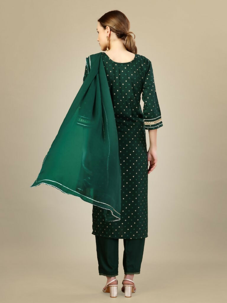 Jyoti Fashion Women's Dark Green Silk Blend Embroidery & Sequence work Kurta with Trouser & Dupatta