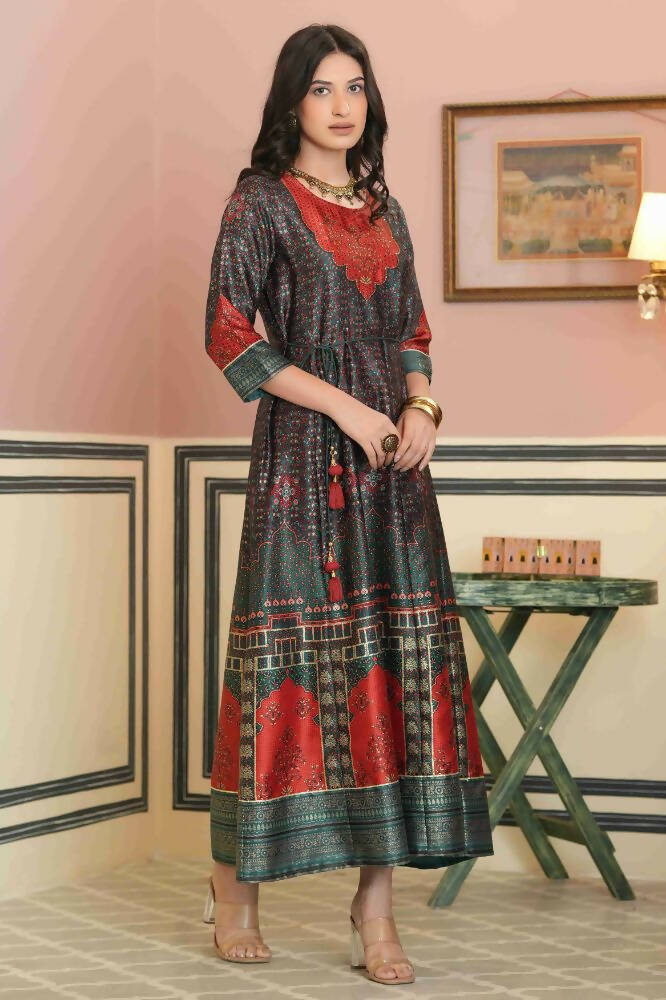 Juniper Green Satin Festive Printed Anarkali Flared Anarkali Kurta For Women