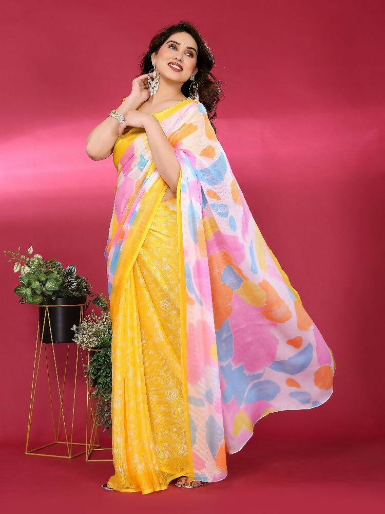 PR Fashion Yellow Moss Chiffon Printed Saree