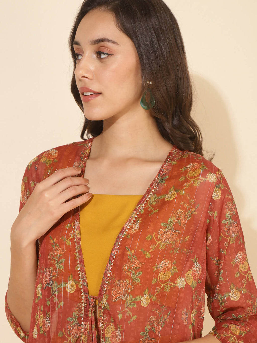 Janasya Women's Mustard Moss Solid Festive Crop Top Set