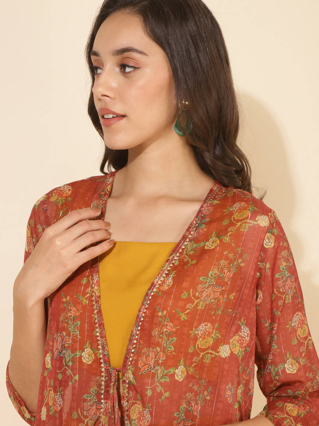 Janasya Women's Mustard Moss Solid Festive Crop Top Set