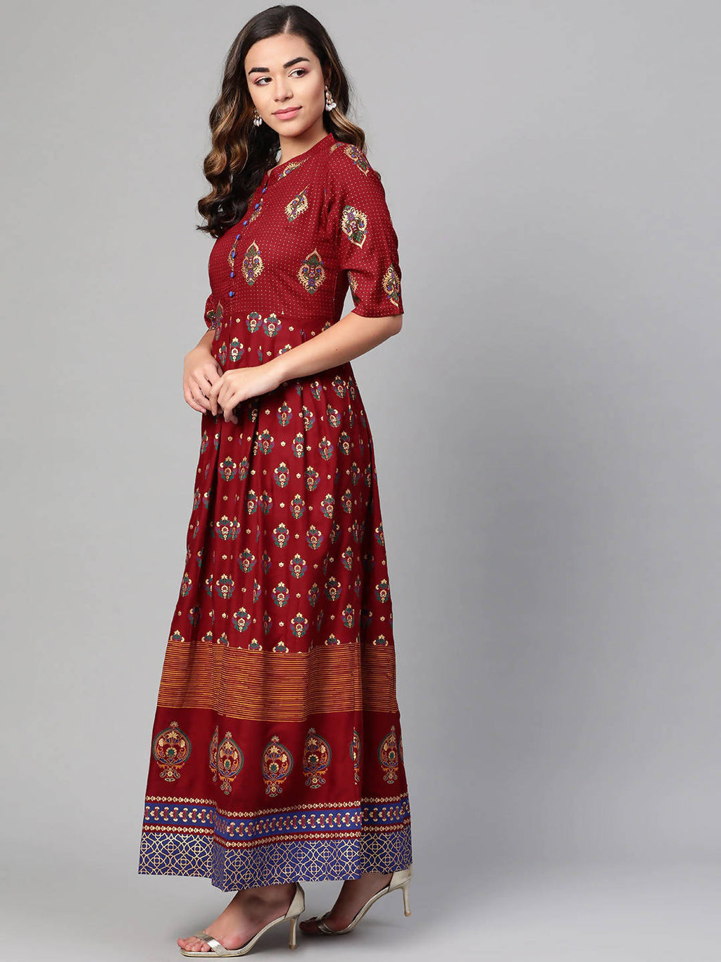 Myshka Maroon & Golden Ethnic Motifs Printed Cotton Maxi Dress
