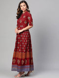 Myshka Maroon & Golden Ethnic Motifs Printed Cotton Maxi Dress