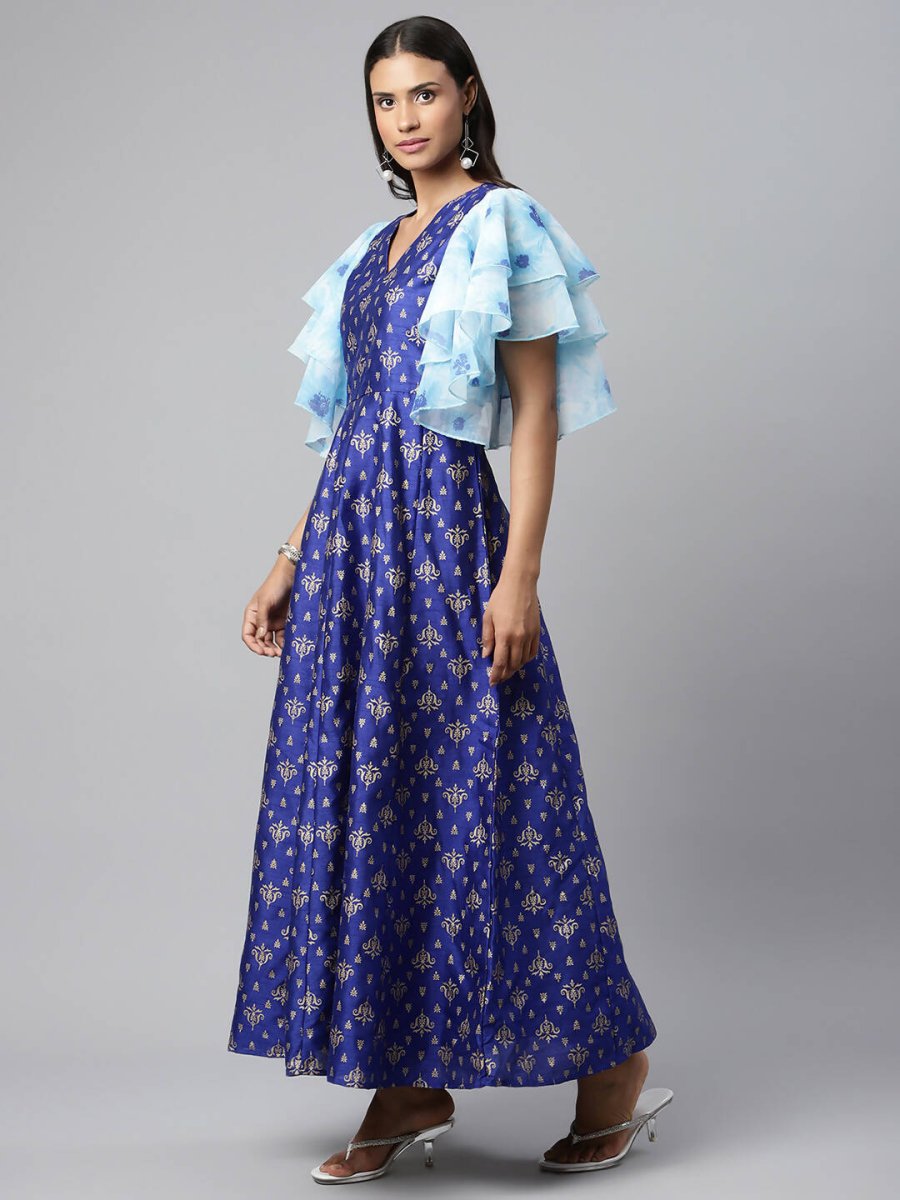 Ahalyaa Women Royal Blue Poly Silk Gold Paste Printed Dress