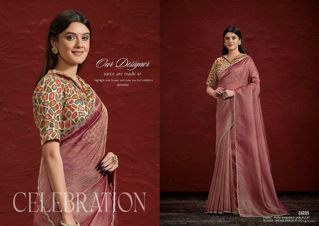 Light Maroon Pure Banarasi Jari pleat Stone with Handwork Saree with Stitched Blouse - Mohmanthan Aaina