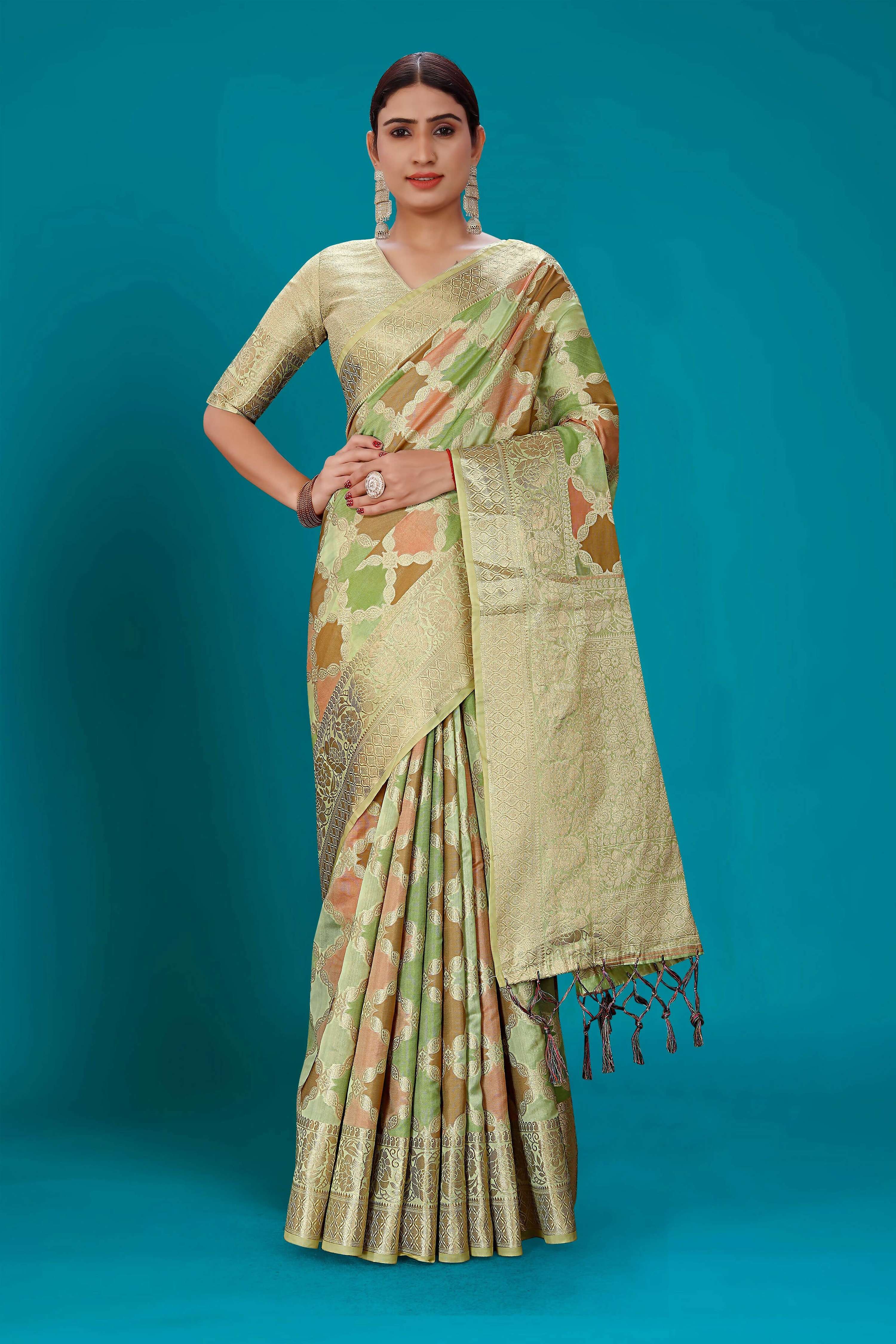 Pista Soft Organza Woven Design Saree with Unstitched Blouse Piece - Zaara