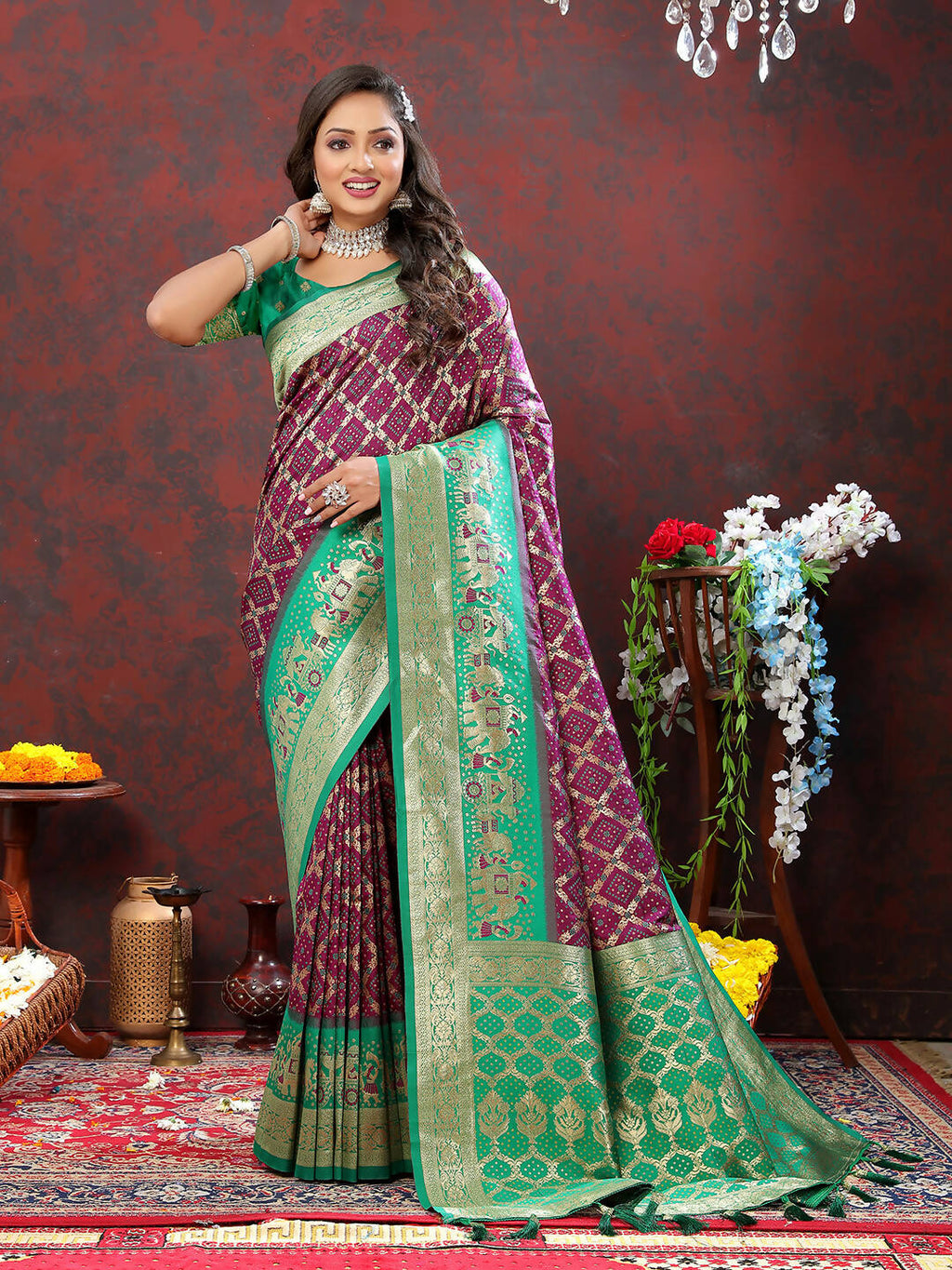 Lorenvalley Fashion Wine & Green Patola Silk Woven Design Meenakari Weaving Saree