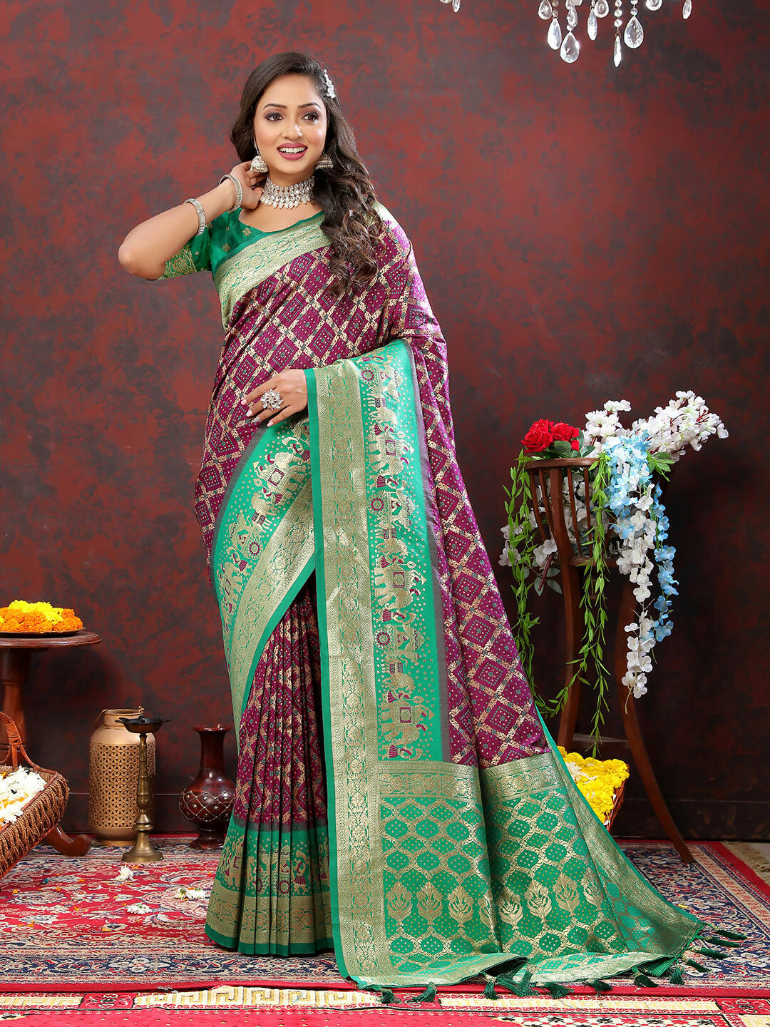 Lorenvalley Fashion Wine & Green Patola Silk Woven Design Meenakari Weaving Saree