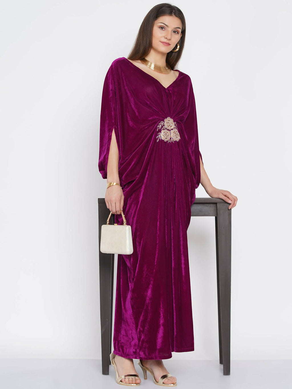 Women Republic Wine Velvet Embroiderd Gown