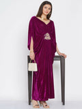 Women Republic Wine Velvet Embroiderd Gown